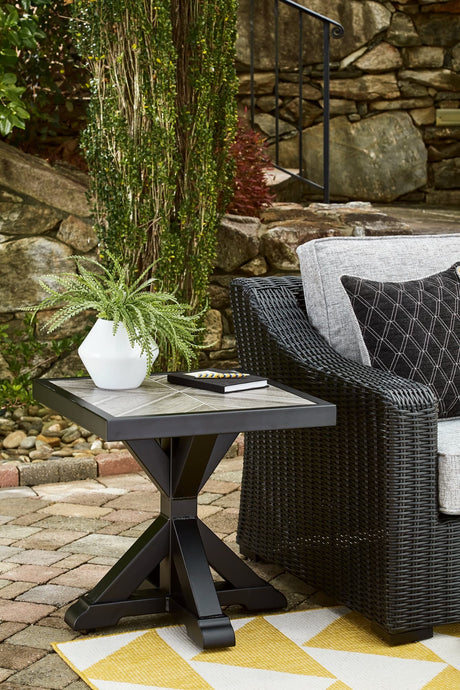 Beachcroft black and light gray outdoor end table front angle
