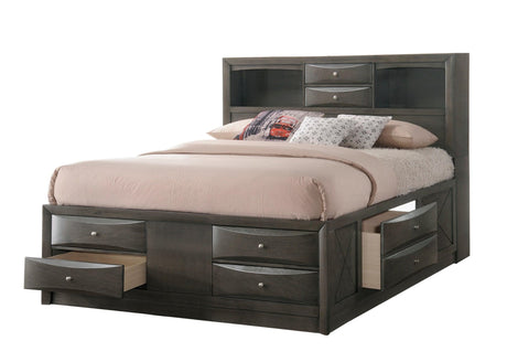 Emily Gray Upholstered Platform King Bed, front view showing bookcase headboard and drawers