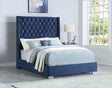 Lomuna blue velvet tufted king bed showing diamond-stitched headboard and solid wood frame