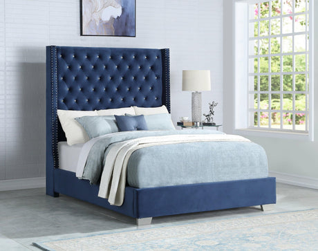 Lomuna blue velvet tufted king bed showing diamond-stitched headboard and solid wood frame
