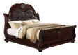 Stanley Cherry Brown Finish Modern Wood King Faux Leather Upholstered Tufted Sleigh Bed from front angle