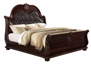 Stanley Cherry Brown Finish Modern Wood King Faux Leather Upholstered Tufted Sleigh Bed from front angle