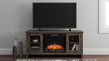 Arlenbry Gray TV Stand with fireplace and glass doors front view