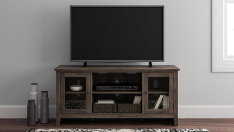 Arlenbry Gray modern transitional wood TV stand with glass doors front view