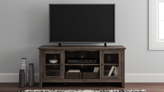 Arlenbry Gray modern transitional wood TV stand with glass doors front view