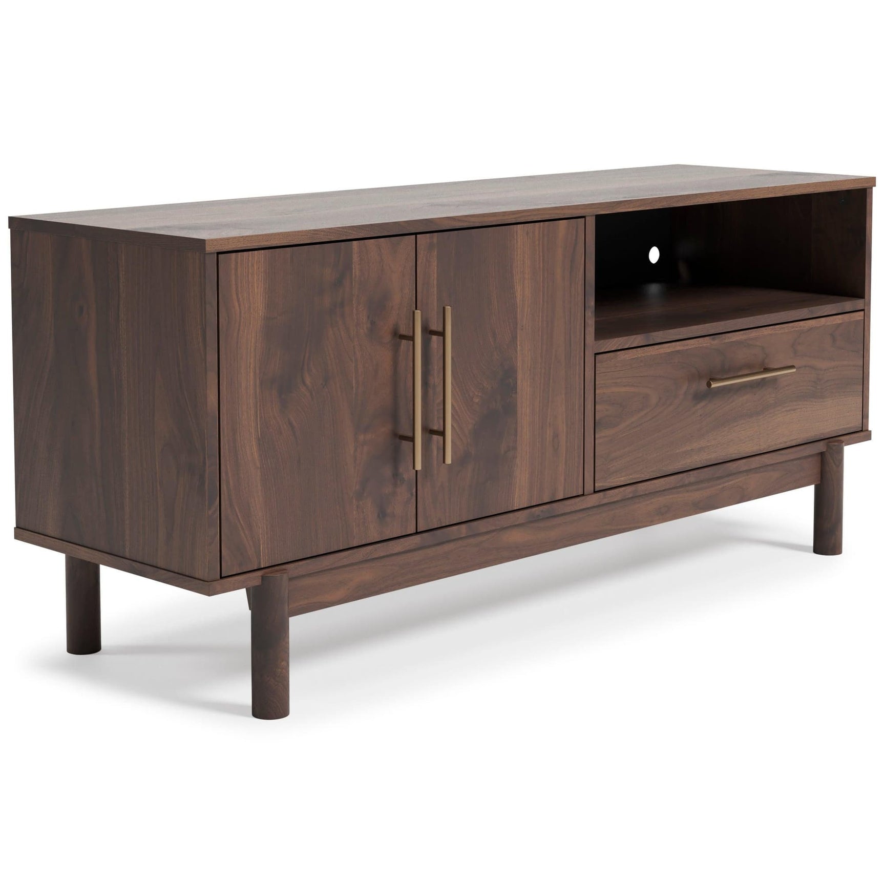 Brymont mocha brown solid wood TV stand with cabinet and storage front angle
