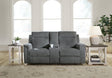 Barnsana gravel chenille power reclining loveseat front angle with console
