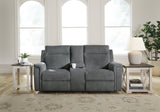Barnsana gravel chenille power reclining loveseat front angle with console