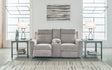 Barnsana ash chenille power reclining loveseat, front angle with console closed