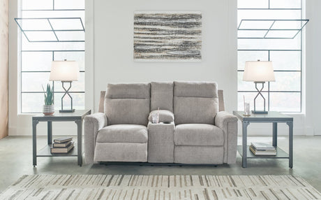 Barnsana ash chenille power reclining loveseat, front angle with console closed