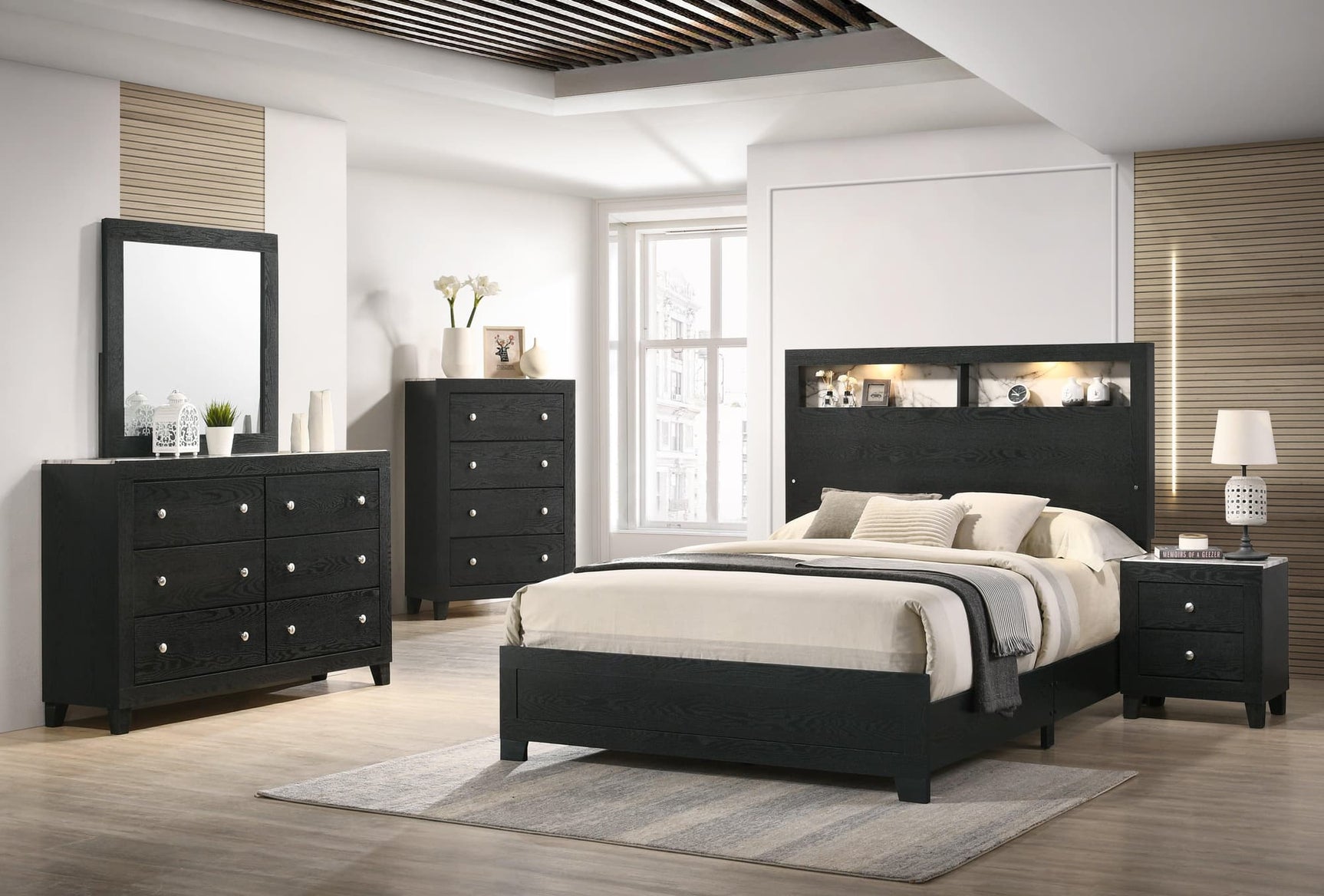 Cadence Black LED Bookcase Panel Bedroom Set main view