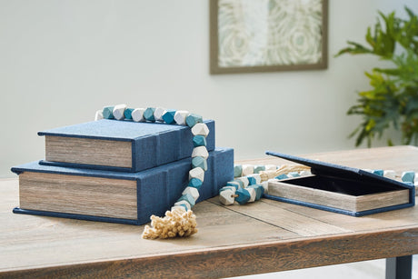 Jolina Blue Box Set closed showing blue woven fabric cover