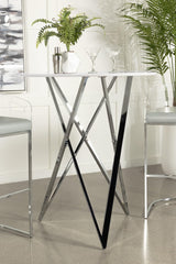 Bexter faux marble round top bar table in white and chrome, front view