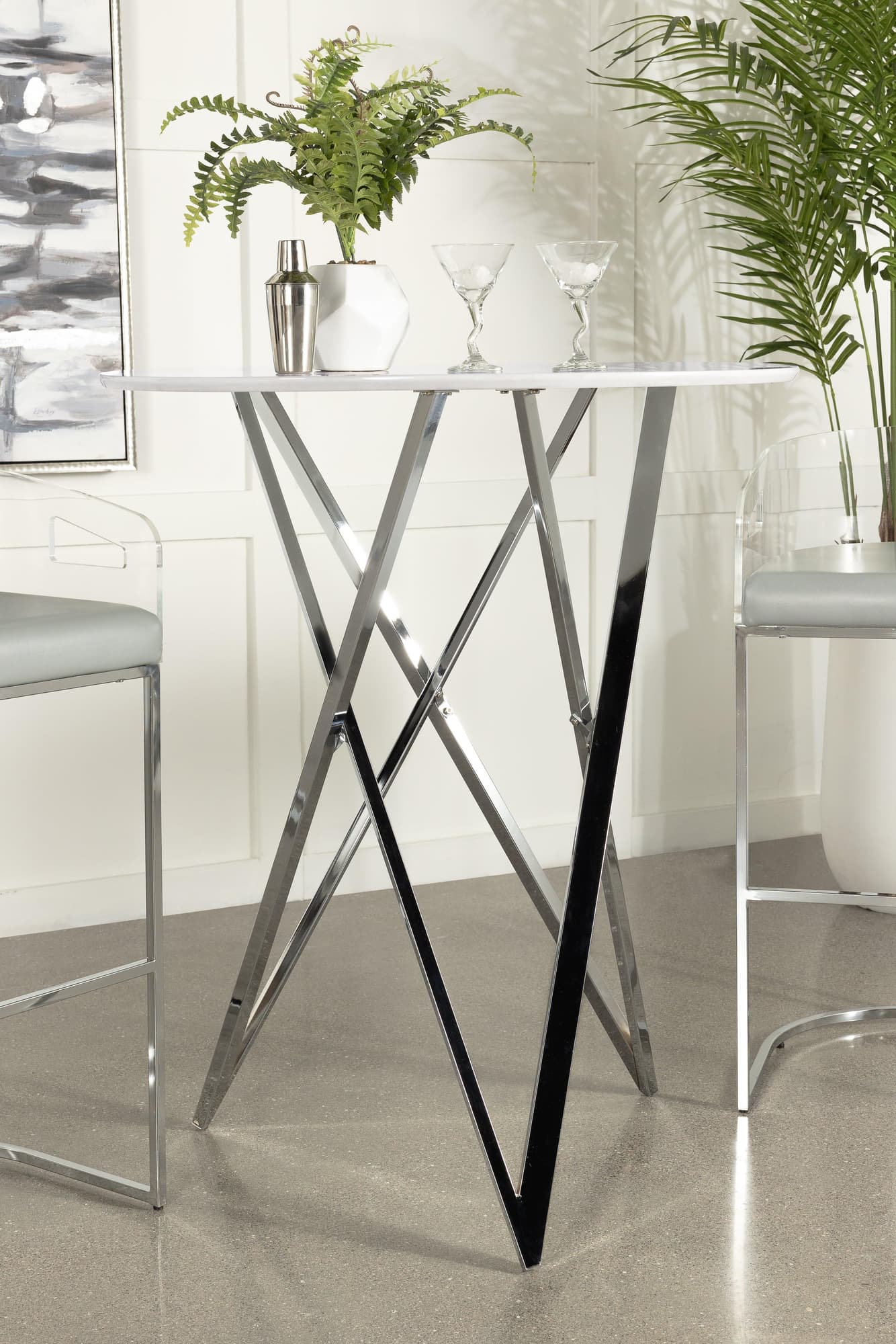 Bexter faux marble round top bar table in white and chrome, front view