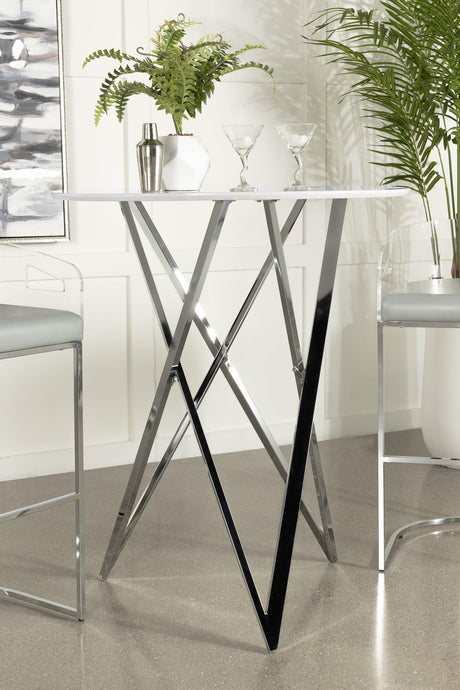 Bexter faux marble round top bar table in white and chrome, front view