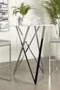 Bexter faux marble round top bar table in white and chrome, front view