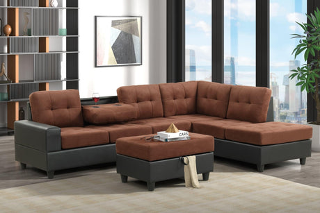 Pu6-Heights brown velvet tufted sectional sofa angled view with ottoman