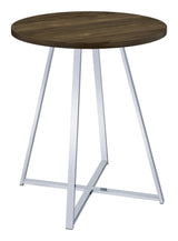 Burkhart round bar table brown oak top and chrome sled base front angle