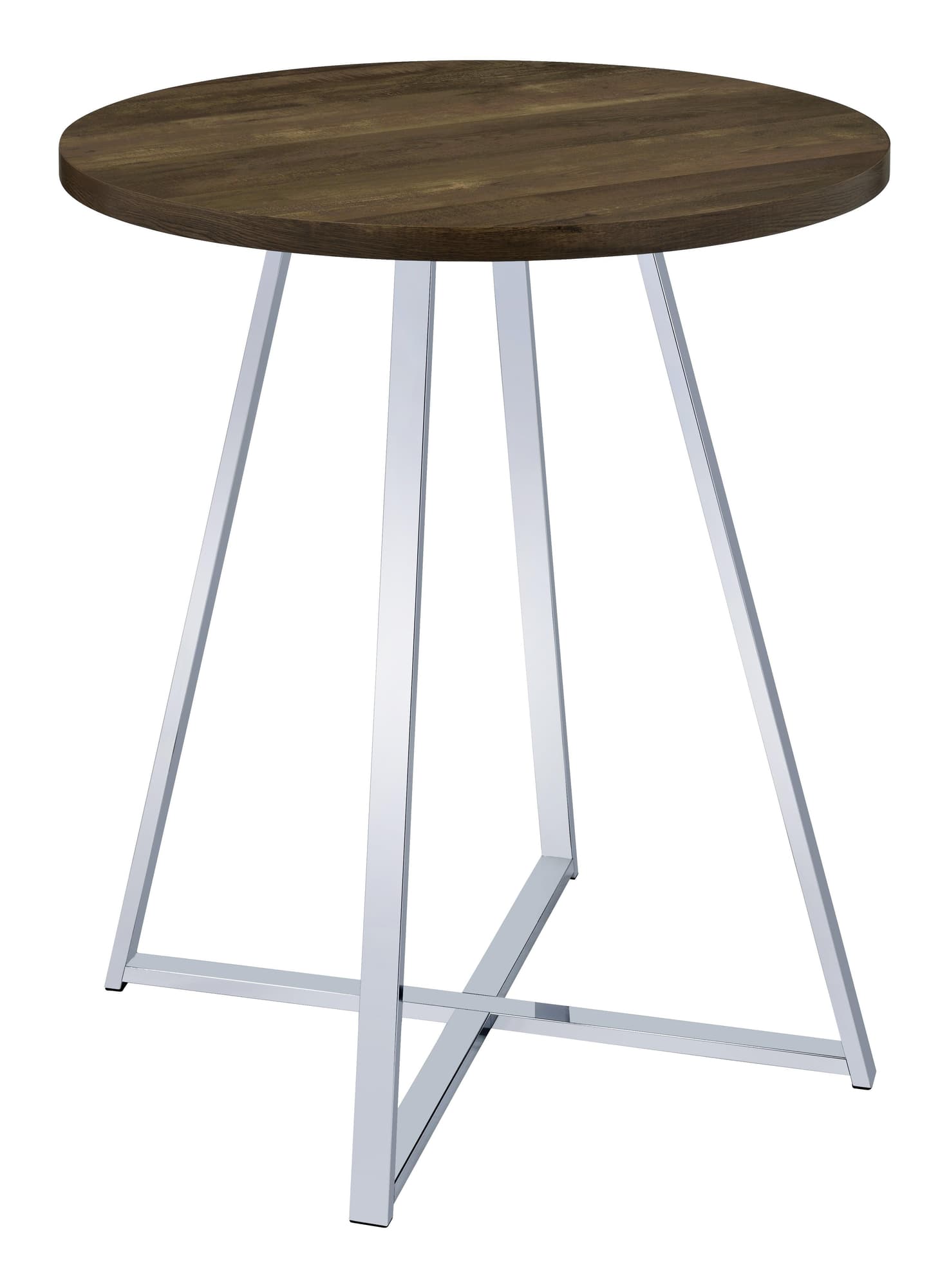 Burkhart round bar table brown oak top and chrome sled base front angle