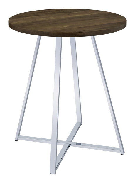 Burkhart round bar table brown oak top and chrome sled base front angle