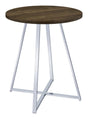 Burkhart round bar table brown oak top and chrome sled base front angle