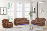 Luz Tan 3-piece reclining sofa set in tan faux leather from front angle