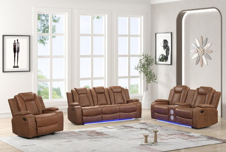 Luz Tan 3-piece reclining sofa set in tan faux leather from front angle