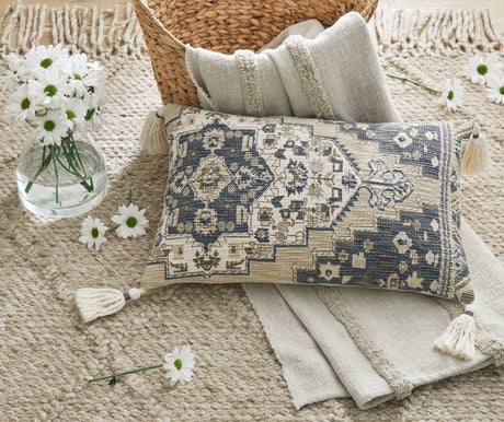 Winbury Blue Tan White Medallion Accent Pillow Front View