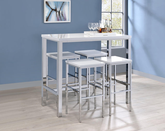 Natividad 5-Piece Bar Set with white high gloss table and four matching stools with chrome legs