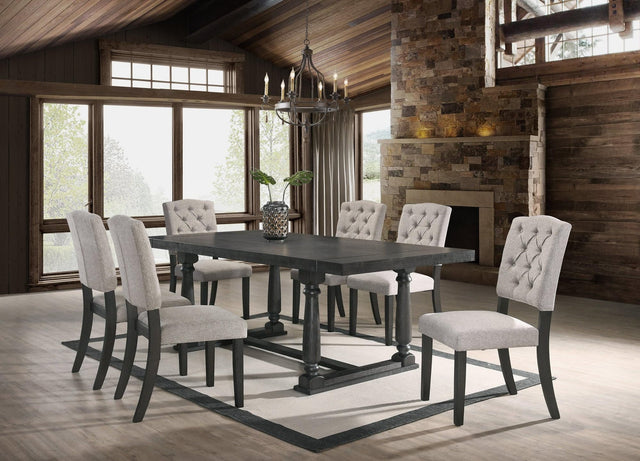 Henderson dark gray fabric tufted dining table with six chairs set showing full view