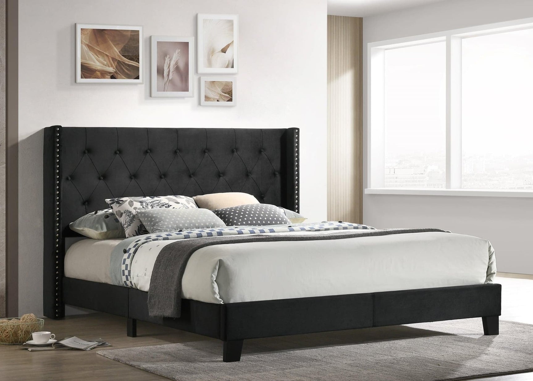 Elsy Black Modern Transitional Solid Wood Fabric Upholstered Tufted Platform Queen Bed