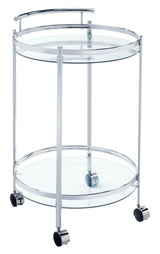 Front angle of Chrissy Chrome round glass bar cart with two shelves