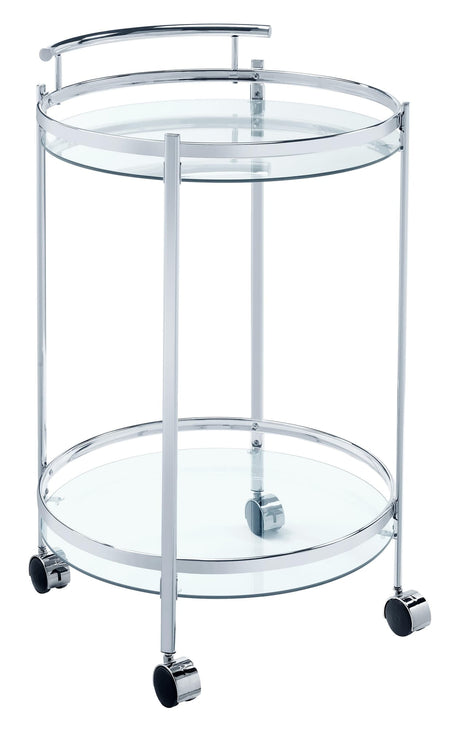 Front angle of Chrissy Chrome round glass bar cart with two shelves