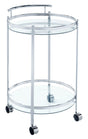 Front angle of Chrissy Chrome round glass bar cart with two shelves