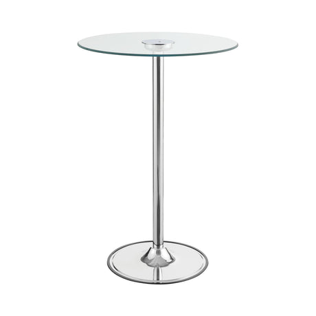 Thea LED Bar Table front view with chrome base and clear glass top