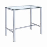 Tolbert bar table with chrome metal frame and clear glass top, angled view