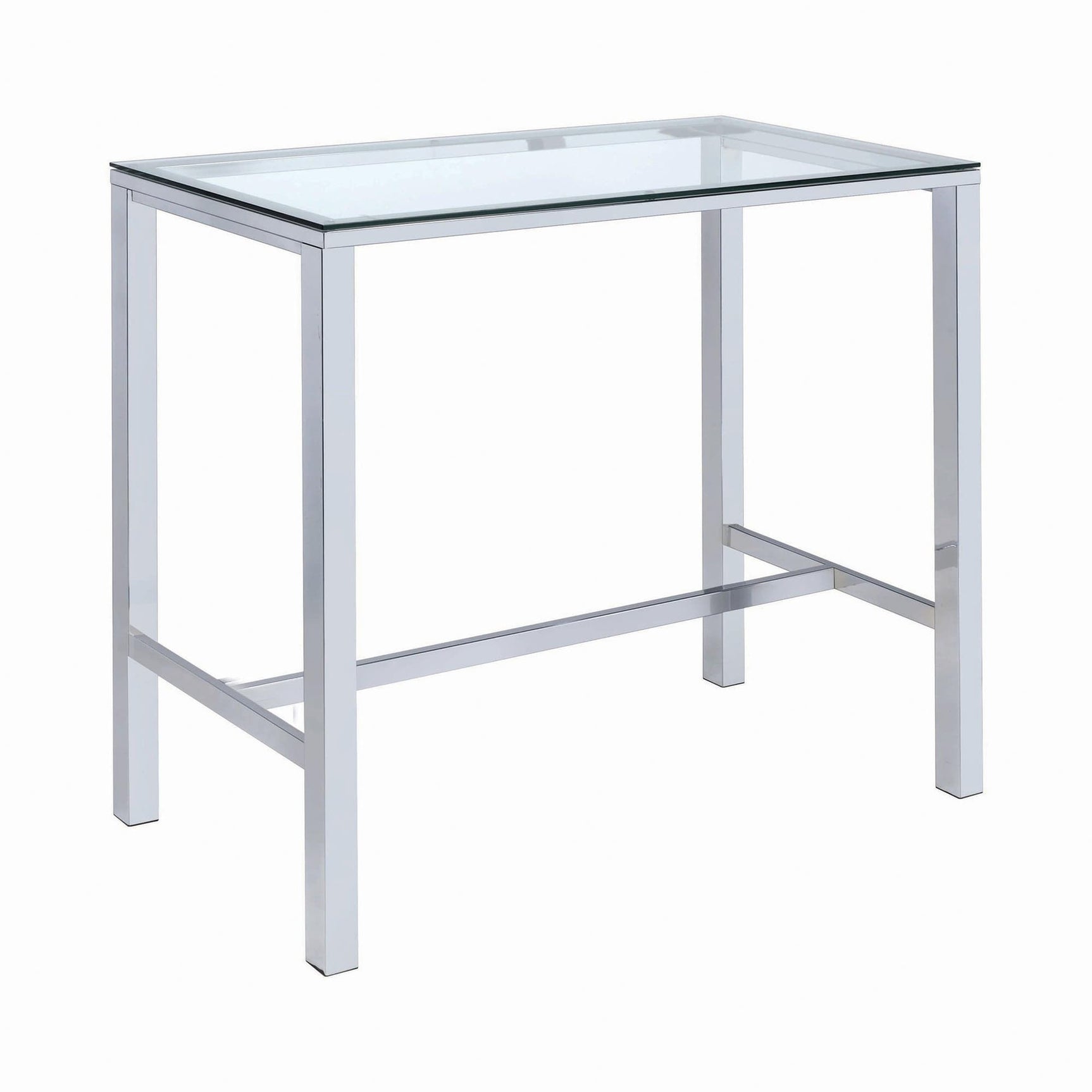 Tolbert bar table with chrome metal frame and clear glass top, angled view
