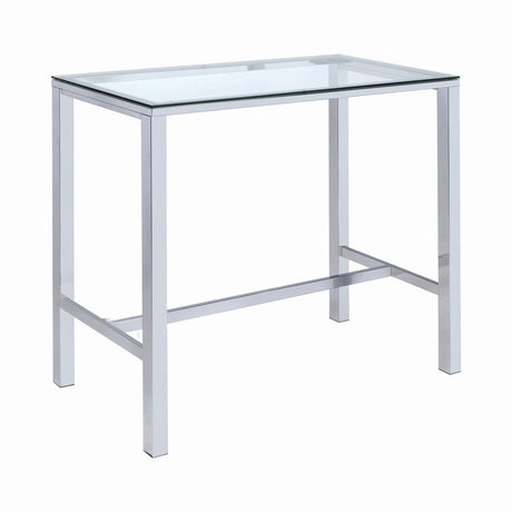 Tolbert bar table with chrome metal frame and clear glass top, angled view