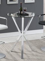Denali Round Chrome Bar Table with clear glass top, angled view