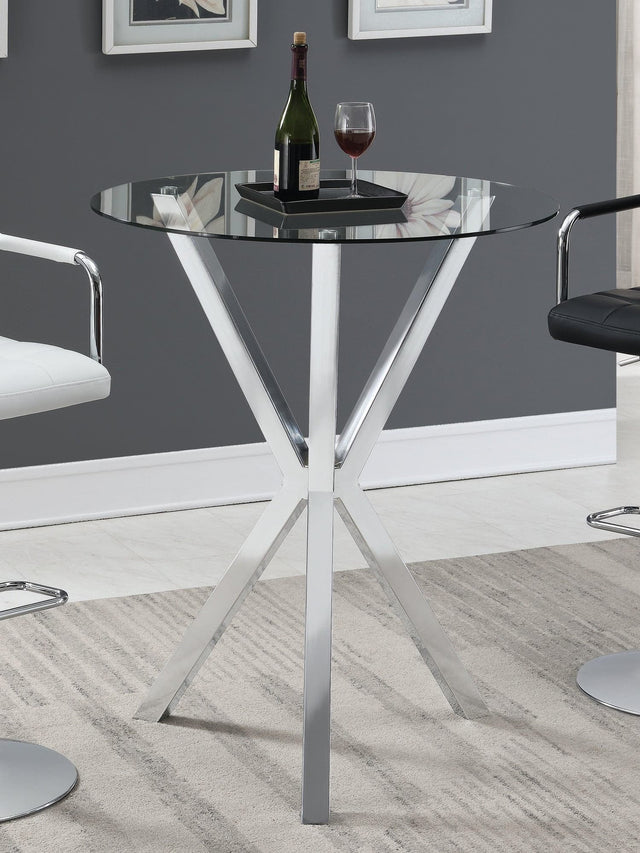 Denali Round Chrome Bar Table with clear glass top, angled view
