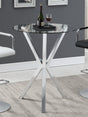 Denali Round Chrome Bar Table with clear glass top, angled view