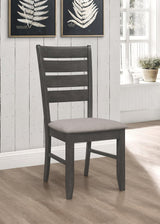 Dalila Ladder Back Side Chair set of 2 in grey fabric with dark grey wood frame front view
