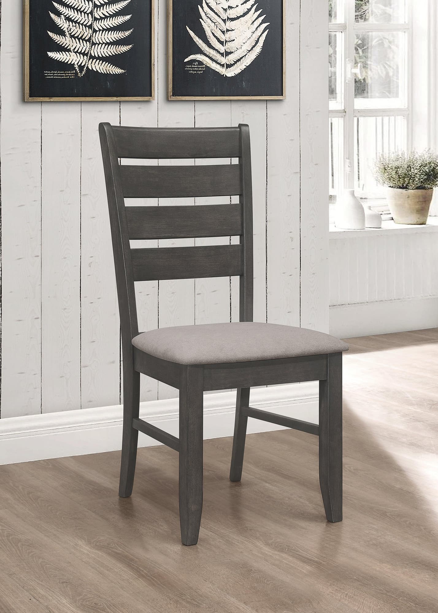 Dalila Ladder Back Side Chair set of 2 in grey fabric with dark grey wood frame front view