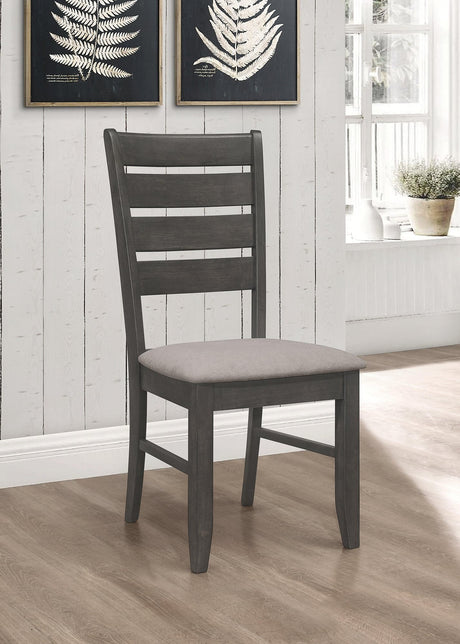 Dalila Ladder Back Side Chair set of 2 in grey fabric with dark grey wood frame front view