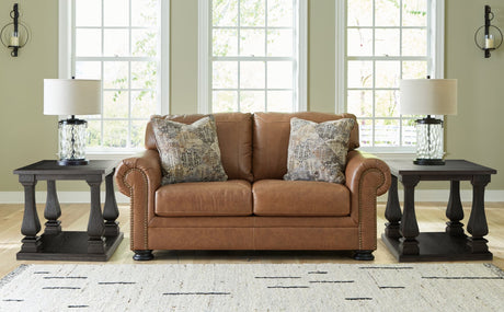 Carianna caramel leather loveseat front angled view