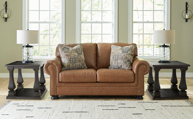 Carianna caramel leather loveseat front angled view