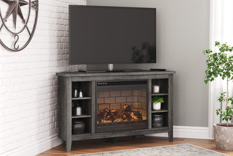 Arlenbry Large Gray Solid Wood Corner TV Stand with Cabinet and Fireplace front view
