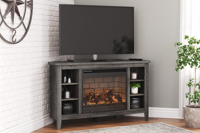 Arlenbry Large Gray Solid Wood Corner TV Stand with Cabinet and Fireplace front view