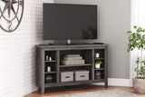 Arlenbry Large Gray Solid Wood Corner TV Stand with Cabinet - front angle view