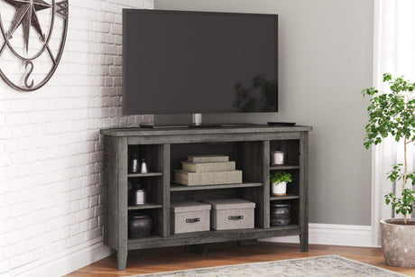 Arlenbry Large Gray Solid Wood Corner TV Stand with Cabinet - front angle view